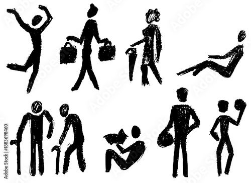 Vector Expressive textured silhouettes of people, handmade vector set of basketball players, shopping, and elderly walking.