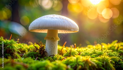 Wallpaper Mural A pristine white mushroom stands in the forest, surrounded by vibrant green moss, with warm sunlight illuminating the scene Torontodigital.ca