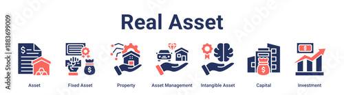 Real Asset banner web icon vector illustration concept for business with icon of Asset, Fixed Asset, Property, Asset Management, Intangible Asset, Capital.