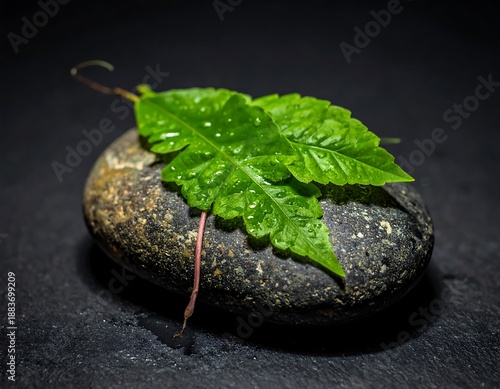 Wallpaper Mural Green Leaves on Rock with Water Droplets. Torontodigital.ca