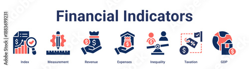 Financial Indicators banner web icon vector illustration concept for business with icon of Index, Measurement, Revenue, Expenses, Inequality, Taxation.