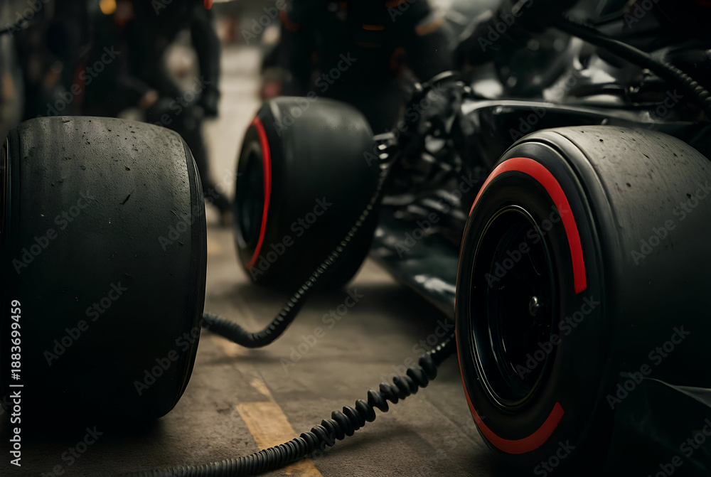 Fototapeta premium Racing car tires being serviced in a pit stop with Formula One wheels and machinery around them