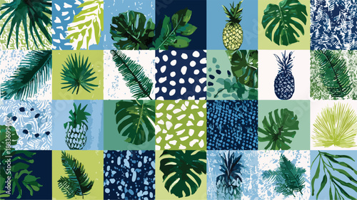 Vibrant Tropical Patchwork Seamless Pattern Vector Art and Illustration