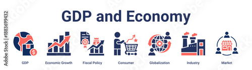 GDP and Economy banner web icon vector illustration concept for business with icon of GDP, Economic Growth, Fiscal Policy, Consumer, Globalization, Industry.