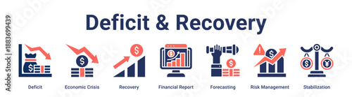 Deficit & Recovery banner web icon vector illustration concept for business with icon of Deficit, Economic Crisis, Recovery, Financial Report, Forecasting, Risk Management.
