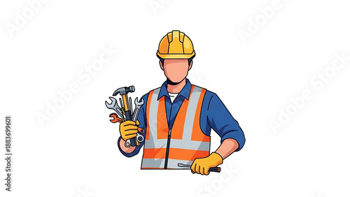 Professional technician illustration in safety gear, holding various essential tools, symbolizing expert repair services, skilled labor, and industry maintenance support