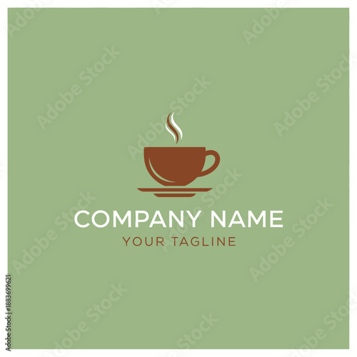 Steaming brown coffee cup on a saucer, a minimalist logo design.