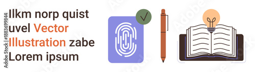 Data protection, online education, identity verification, intellectual property, learning, authentication. Fingerprint icon with checkmark, pen and book with a lightbulb. Identity verification