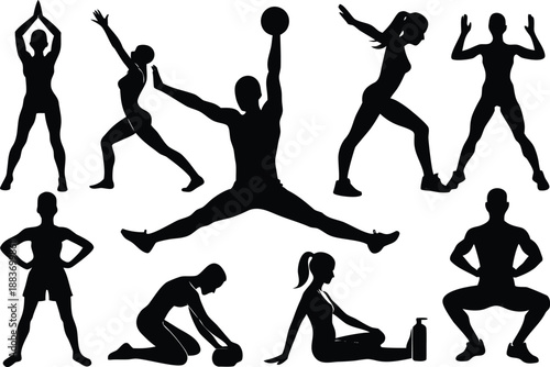 Diverse silhouettes of people performing various fitness exercises and poses