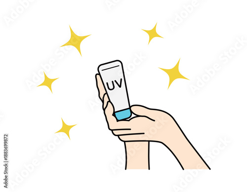 Hands holding sunscreen tube with golden sparkles