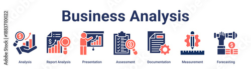 Business Analysis banner web icon vector illustration concept for business with icon of Analysis, Report Analysis, Presentation, Assessment, Documentation, Measurement.