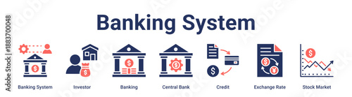 Banking System banner web icon vector illustration concept for business with icon of Banking System, Investor, Banking, Central Bank, Credit, Exchange Rate, Stock.