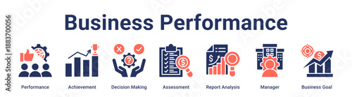 Business Performance banner web icon vector illustration concept for business with icon of Performance, Achievement, Decision Making, Assessment, Report Analysis, Manager, Business.