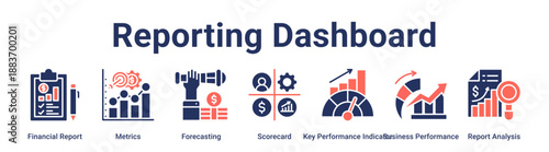 Reporting Dashboard  banner web icon vector illustration concept for business with icon of Financial Report, Metrics, Forecasting, Scorecard, Key Performance Indicator, Business Performance, Report.