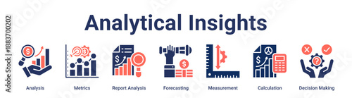 Analytical Insights banner web icon vector illustration concept for business with icon of Analysis, Metrics, Report Analysis, Forecasting, Measurement, Calculation, Decision.