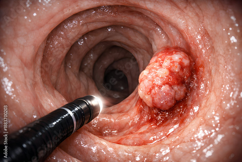 Colonoscopy procedure examining colorectal cancer cells inside the colon with a medical device and intense lighting from a specific viewpoint