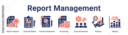 Report Management banner web icon vector illustration concept for business with icon of Report Analysis, Financial Report, Financial Statement, Accounting, Cost and Revenue, Analysis.