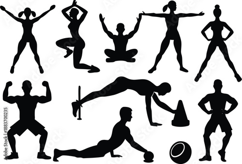 Silhouette fitness figures showcasing diverse exercises and workout poses