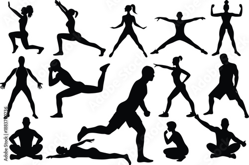 Diverse silhouettes of people performing various fitness exercises