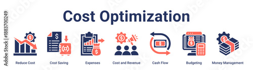 Cost Optimization banner web icon vector illustration concept for business with icon of Reduce Cost, Cost Saving, Expenses, Cost and Revenue, Cash Flow, Budgeting, Money.