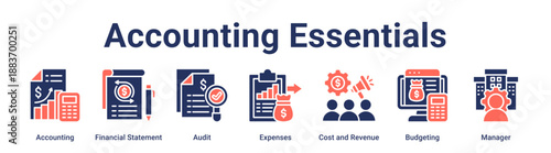 Accounting Essentials banner web icon vector illustration concept for business with icon of Accounting, Financial Statement, Audit, Expenses, Cost and Revenue, Budgeting.