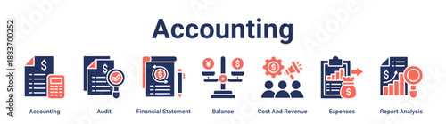 Accounting banner web icon vector illustration concept for business with icon of Accounting, Audit, Financial Statement, Balance, Cost And Revenue, Expenses, Report Analysis.