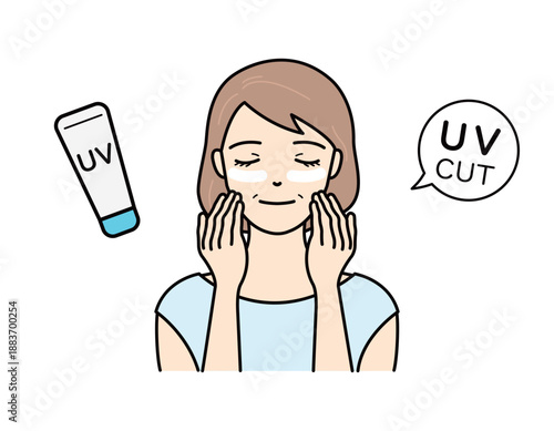 Senior woman with sunscreen on face and tube icon
