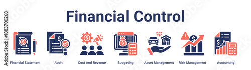 Financial Control banner web icon vector illustration concept for business with icon of Financial Statement, Audit, Cost And Revenue, Budgeting, Asset Management, Risk Management.