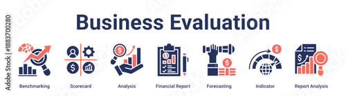 Business Evaluation banner web icon vector illustration concept for business with icon of Benchmarking, Scorecard, Analysis, Financial Report, Forecasting, Indicator, Report.