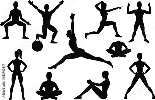 Diverse silhouettes of people engaging in various fitness activities