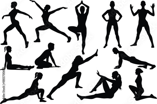 Collection of silhouetted women performing various yoga and fitness poses