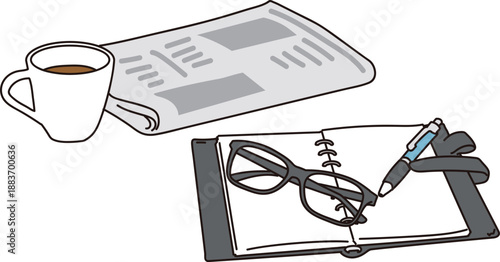 コーヒーと新聞とメモ帳のビジネスイメージのアイテムイラスト素材