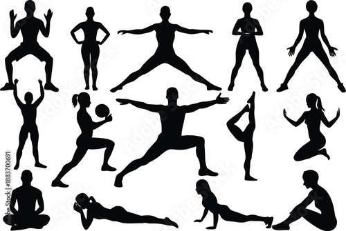 Silhouettes of people in various yoga and exercise poses