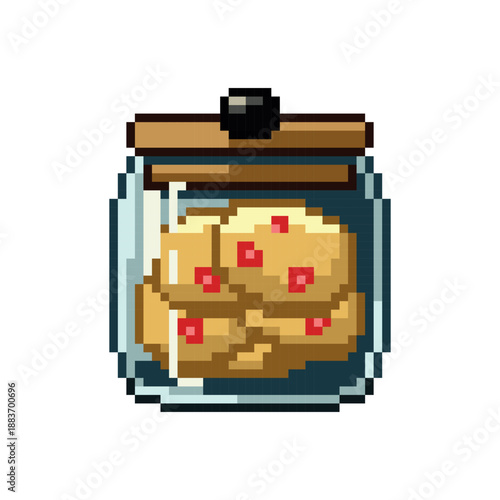Pixel art glass jar with heart shaped jam cookies for Valentine's Day