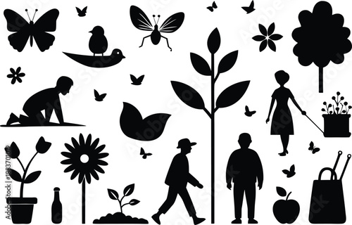 Spring garden silhouette collection with people, plants, and butterflies
