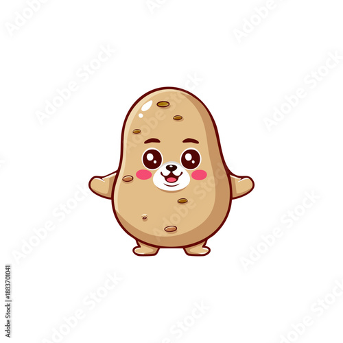 Cute kawaii potato character with rosy cheeks, open arms, and a happy expression, isolated on white background, illustration
