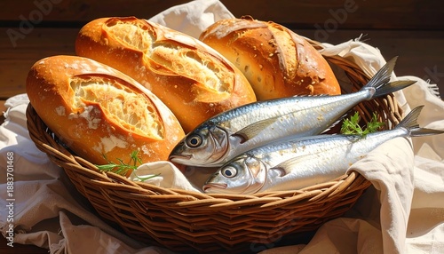 A rustic still life of freshly baked bread loaves with two silver fish resting in a woven basket atop a linen cloth