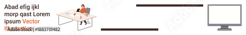 Remote work, home office, digital connectivity, workflow efficiency, telecommuting, workplace productivity. Person sitting at desk connected to a monitor by lines. Remote work and digital