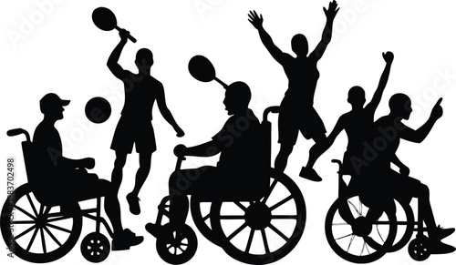 Silhouette of athletes engaging in various sports, including wheelchair tennis and celebratory poses