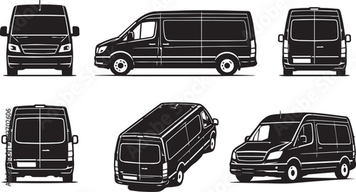 Delivery Van Icon Set – Black Cargo Van from Multiple Views (Front, Side, Rear, Top)
