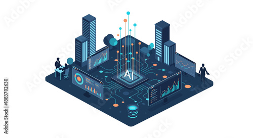 An isometric illustration depicting a futuristic AI-powered data processing center with glowing circuits and abstract data visualizations.
