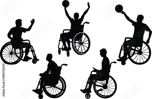 Silhouettes of people in wheelchairs playing basketball
