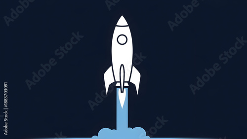 Rocket launching into the sky with blue flames and smoke