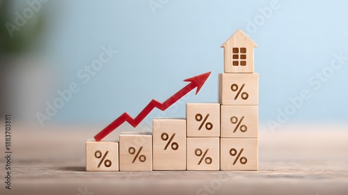 Wooden blocks with percentage symbols and red arrow indicating growth