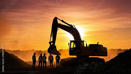 Wallpaper Mural Excavator at Sunset with Construction Workers Silhouettes on Job Site Torontodigital.ca