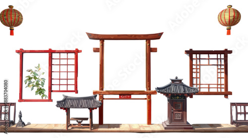 Collection of Traditional East Asian Architectural and Decorative Elements on a Wooden Platform