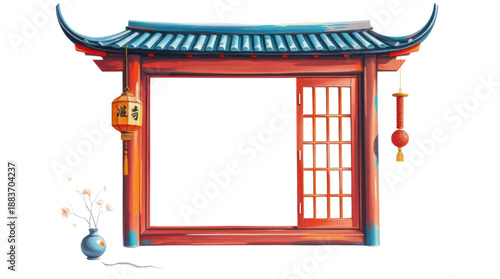 Vibrant Asian Inspired Architectural Frame with Lantern and Cherry Blossoms
