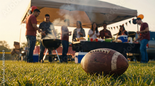 Big Game Party Football on Grass Outdoor Tailgate Gathering Tent Background for Sports Magazine Event Promotion Outdoor Recreation Marketing