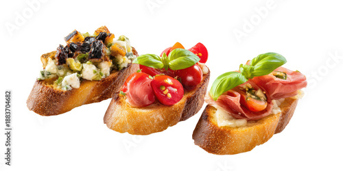 A Gourmet Set of Three Italian Bruschetta with Prosciutto, Tomato, Basil, and Blue Cheese Served as an Appetizer on a Transparent Background.