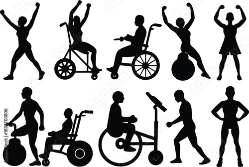 Silhouettes of people engaging in various physical activities and sports